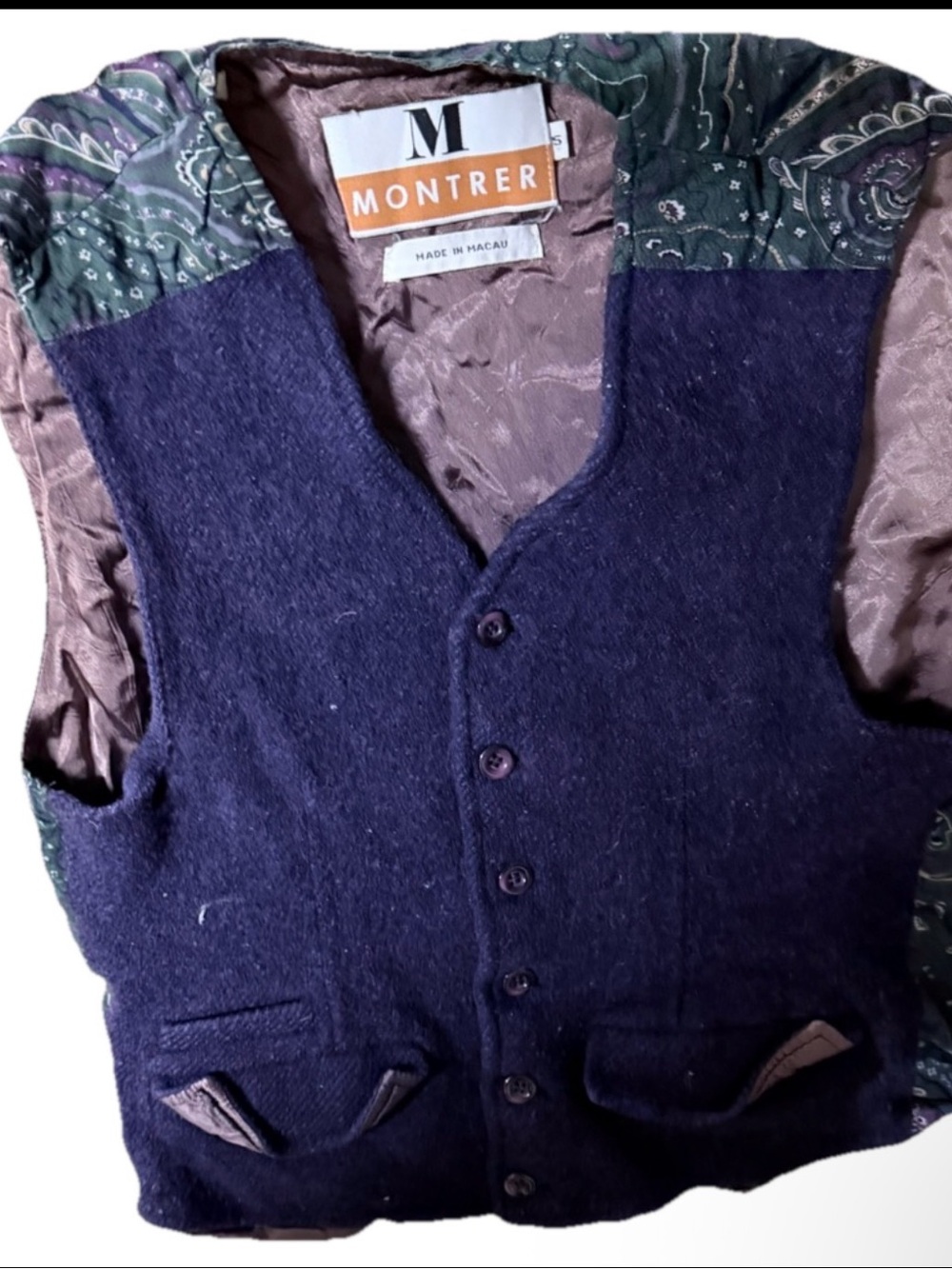 Montrer Vintage Wool Vest Size Small Purple Paisley